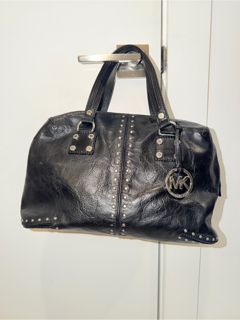 Michael Kors Black Silver-Tone Studded Leather Satchel Bag